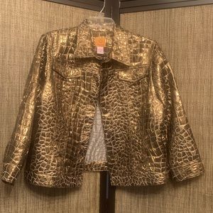 Faux metallic reptile print denim jacket